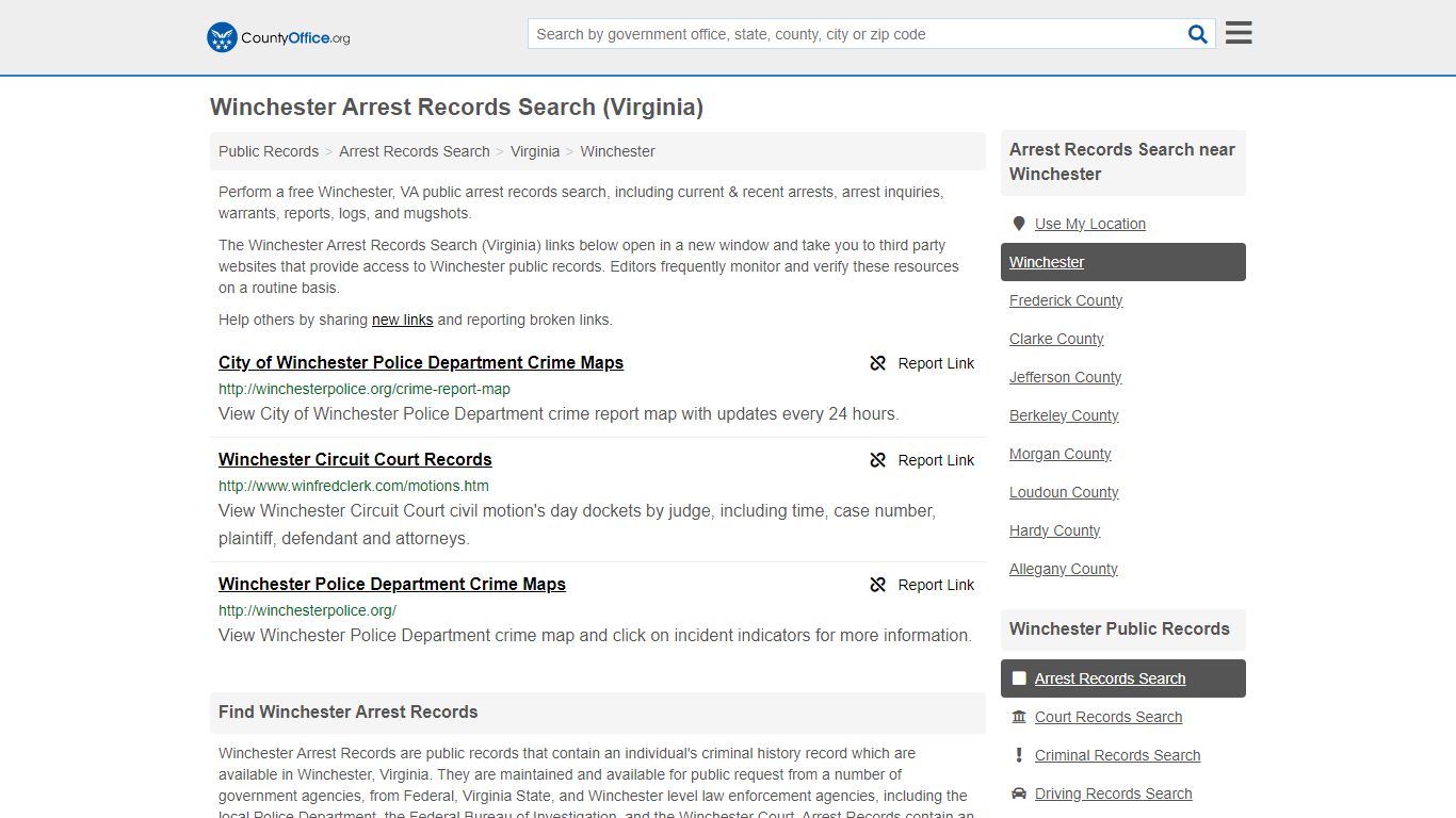 Arrest Records Search - Winchester, VA (Arrests & Mugshots) - County Office